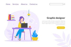 Graphic Designer Landing Page Template, Woman Freelancer Working Online, Website Development, Professional Branding Illustration vector