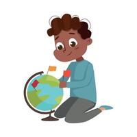 Cute Boy Examining Globe and Putting Flags on It Studying Geography Illustration vector