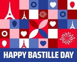 Happy Bastille Day background or banner design. French Flag Colors with Eiffel Towers, Hearts, Balloons, and Fireworks in a Dynamic Tiled Pattern vector