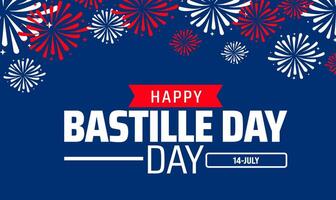 Happy Bastille Day background or banner design. Red and White Fireworks Exploding on a Dark Blue Background, Celebrating French National Holiday on 14 July. vector
