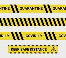 Keep safe distance quarantine tapes seamless design. Seamless covid caution barrier tape collection. Yellow tapes with black stripes and warning text for printing vector