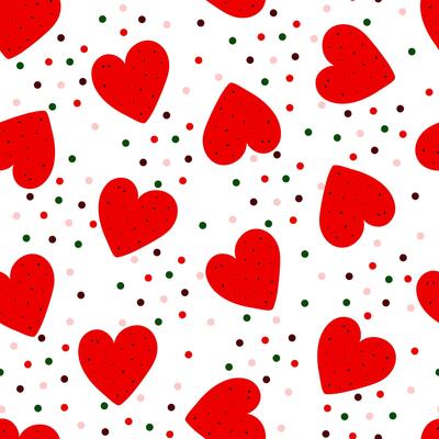 Watermelon slice cut in form of heart, polka dot seamless pattern, sweet ripe delicious fruit organic diet ingredient for dessert, healthy vegan food image for summer design, projects, package decor