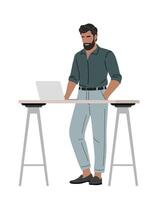Man working at adjustable stand desk with laptop vector