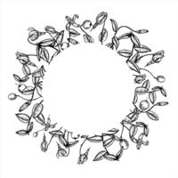 Round monochrome cranberry frame with empty space for text. Etching drawing of wild fruits for herbal medicine label, health supplement, organic food packaging, and homemade jam branding. vector