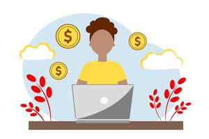Dark-skinned girl sitting at desk with laptop and working. Making money at home, freelancing vector