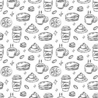 Cozy coffee doodle pattern with cups, pastries, and coffee beans in a charming layout vector