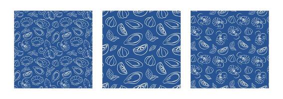 Intricate seafood pattern featuring various shellfish and ocean elements on a deep blue background vector