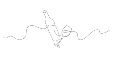 Continuous line drawing of wine bottle with wineglass. Minimal linear sketch of alcoholic drink in simple doodle style. Perfect for bar, menu, winery or packaging design. vector