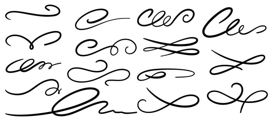 Flourish calligraphy swirl set in line art style. Elegant dividers, underlines, scrolls and accents for wedding fonts, vintage labels or decorative designs. illustration.