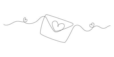 One line drawing of heart and letter. Minimal continuous line art for romantic love, couple, date or relationship concept. Simple linear doodle style. illustration. vector