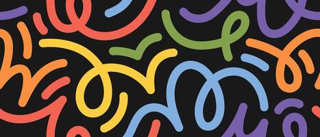 Whimsical abstract design with colorful curved lines and symbols. Seamless pattern for stationery, textile design, web backgrounds, and packaging. vector