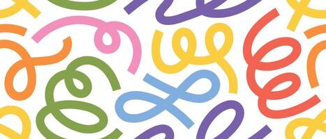 Trendy abstract scribble pattern with dynamic curves and rainbow colors. Hand-drawn seamless design for posters, branding, packaging, and fabric vector