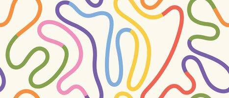 Vibrant curved line pattern with abstract geometric doodles. Seamless background in pastel and bright colors for trendy art, kids decor, and prints vector