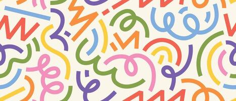 Colorful abstract pattern with curved lines, zigzags, and swirls. Seamless playful background for modern design, kids prints, fabric, and wrapping paper vector