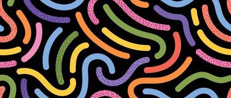 Whimsical abstract design with colorful curved lines and symbols. Seamless pattern for stationery, textile design, web backgrounds, and packaging. Rainbow colors vector