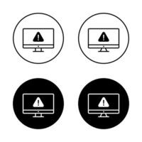 Computer failure icon on black circle. Warning sign, security threat on PC monitor symbol vector