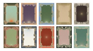 Set of ten ornate Art Nouveau vintage frames with sunburst patterns, elegant floral curves, and retro color schemes. Decorative ornaments, art nouveau vector