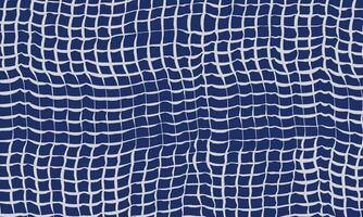 Hand drawn brush lines uneven wavy grid of light lines on dark blue pattern, distorted organic fishing net texture background, Japanese minimal style graphic for textile, carpet and decoration vector