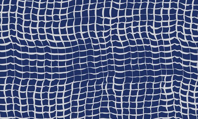 Hand drawn brush lines uneven wavy grid of light lines on dark blue pattern, distorted organic fishing net texture background, Japanese minimal style graphic for textile, carpet and decoration