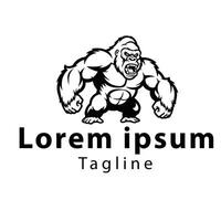 An illustration of a muscular gorilla is depicted in black and white, showing a fierce expression with bared sharp teeth. vector