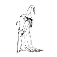 halloween walking old wicked witch with crutch and hat. Hand painted linear wizard cap illustration. Graphic monochrome sketch isolated on background. For designers, prints, logo, icon, menu vector