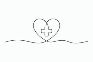 Continuous line drawing heart with medical cross vector