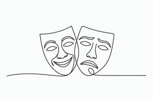 Happy and sad masks continuous line art drawing vector