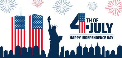 4th of July Happy Independence Day background or banner design. Twin Towers Flags, Statue of Liberty, City Skyline, and Fireworks on White Background. vector