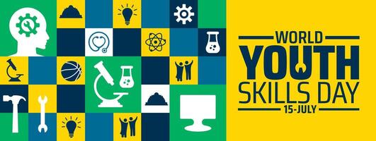 World Youth Skills Day background or banner design. Colorful Grid with Diverse Icons Science, Sports, Tools, Tech, Human Figures on Green, Yellow, and Blue Background vector