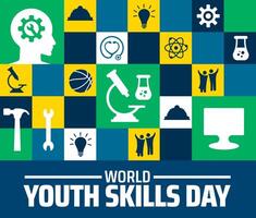 World Youth Skills Day background or banner design. Colorful Grid with Diverse Icons Science, Sports, Tools, Tech, Human Figures on Green, Yellow, and Blue Background. vector