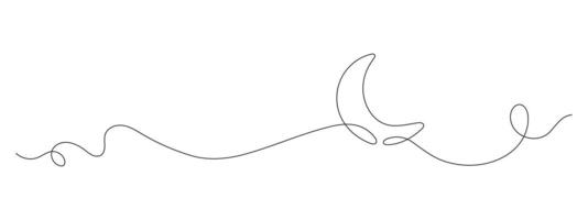 One continuous line drawing of a crescent moon. Minimalist Ramadan Kareem banner in linear style. Night or sleep symbol in doodle contour. Editable stroke illustration. vector