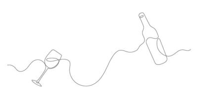 One line drawing of wine bottle and glass. Minimalist continuous line sketch of alcohol drink in elegant linear style. Simple doodle for bar, restaurant or wine label design. vector