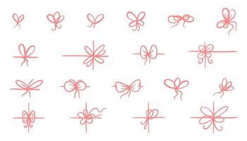 Simple gift ribbon bow set in one line style. Hand-drawn doodle stroke elements. Minimal elegant bow collection for decor, presents or labels. illustration. vector