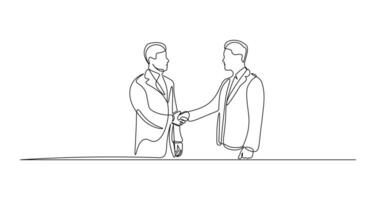 Man shaking hands with colleague in continuous line drawing style. Minimalist black linear sketch of businessman isolated on white background. vector
