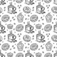 Hand-drawn cafe pattern, black ink sketch, coffee and donuts, sketch-style coffee shop design. vector