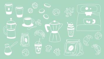 Coffee set with white outline on green background vector