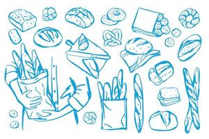 Hand drawn set of different types of bread. Sketch style bakery products vector