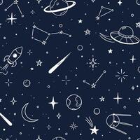 Space star galaxy seamless pattern. Hand drawn doodle sketch line style galaxy planet star, rocket, moon cute sky background. Space planet kid doodle universe pattern. illustration vector