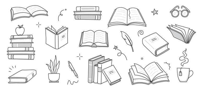 Book stack sketch set. Hand drawn sketch doodle style line book stack. Library, reading, school doodle concept icon background. Blue pen line style stroke set vector