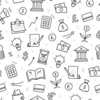 Money, business doodle seamless pattern background. Bank profit, money economy, finance doodle sketch style pattern with coin, megaphone, calculator element pattern. vector