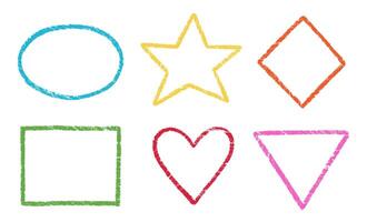 Crayon, chalk kid frame set. Round, square, heart shape hand drawn crayon texture color frame element. Chalk, pastel pencil kid craft paint style square, star border set vector