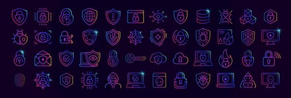 Cybersecurity icon set with neon gradient style. Shield, padlock, firewall, fingerprint, virus, hacker, cloud and data protection symbols for cyber defense, privacy, encryption. illustration vector