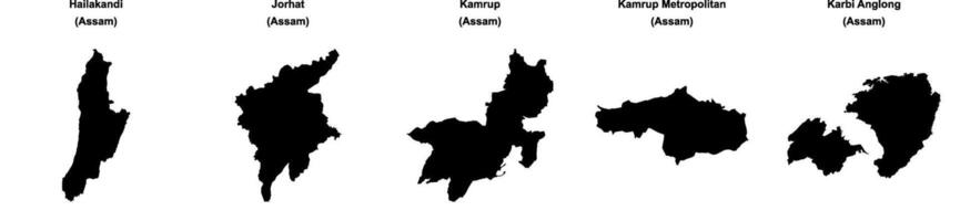 Hailakandi, Jorhat, Kamrup, Kamrup Metropolitan, Karbi Anglong outline maps vector