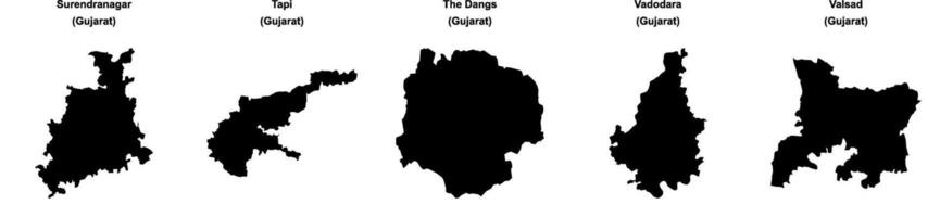 Surendranagar, Tapi, The Dangs, Vadodara, Valsad outline maps vector