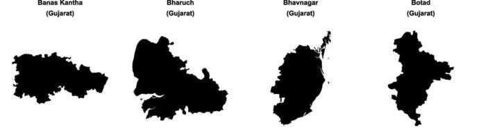 Banas Kantha, Bharuch, Bhavnagar, Botad outline maps vector