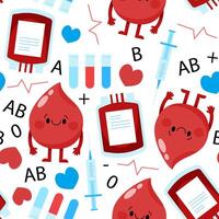 Seamless pattern of blood drop character, blood bag, test tubes and hearts vector