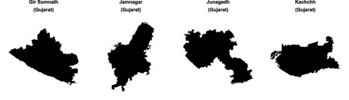 Gir Somnath, Jamnagar, Junagadh, Kachchh outline maps vector