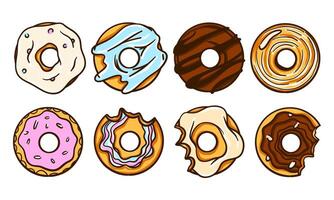 Large set of donuts with colorful glaze, sprinkles, chocolate. Flat cartoon style pastries. elements for menu, cafe branding, promo banners, or food packaging design. vector