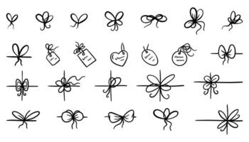 Gift ribbon bow and label tag set in one line style. Hand-drawn outline cards hanging on rope. Vintage knots with loops, price or present icons. Simple illustration. vector