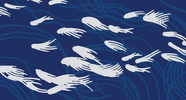 Hand drawn brush lines abstract waves and water with fish pattern, Japanese wood carving, block print texture background in white and blue, simple graphic for textile, carpet, banner vector